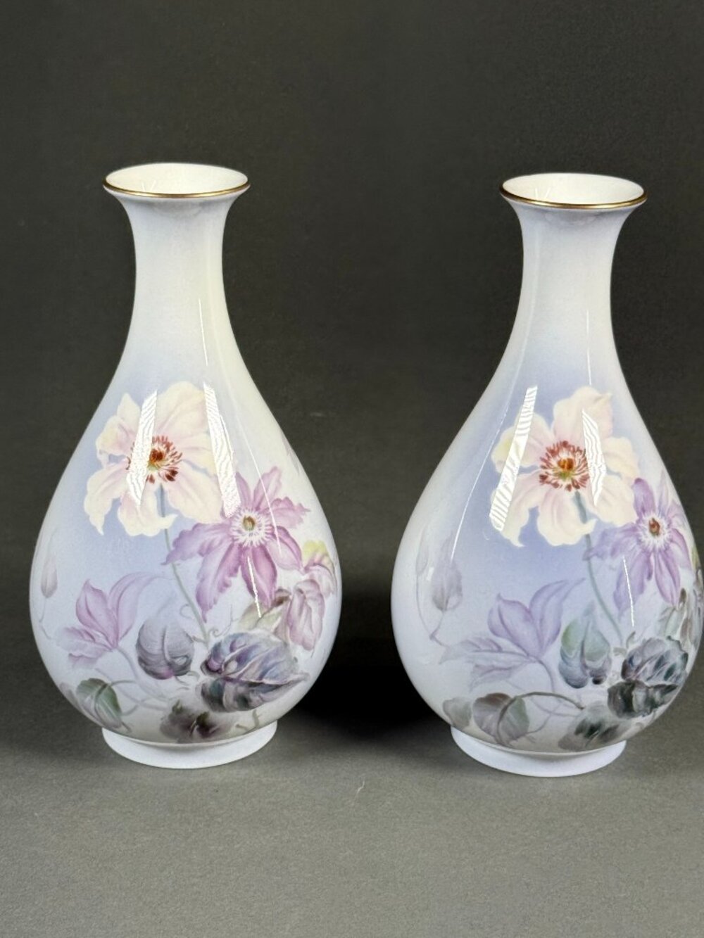 Pair Vintage Noritake Bone China Vases Fluted Neck Clematis Flower Signed Mizuno